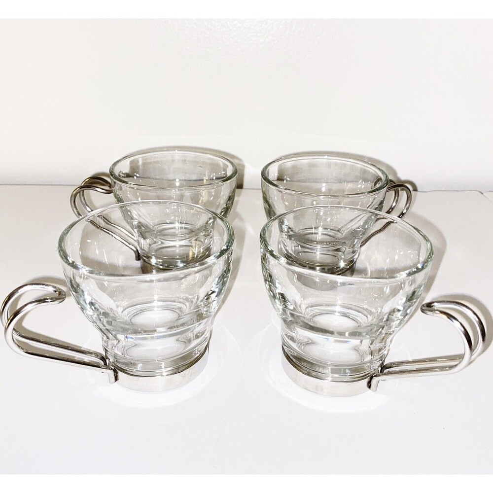 Bormioli Rocco Espresso Glasses Stainless Handles 4 Italian Espresso Cups